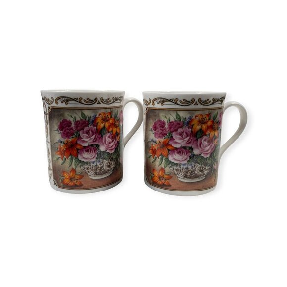 Royal Worcester Porcelain Floral Bouquet Scroll Coffee/Tea Mugs Set Of 2 Fine Bo - Picture 15 of 15